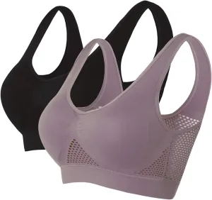 2 Pack Activewear Sports Bras for Women, Breathable Yoga Bra Seamless Mesh Hole Cropped Tank Bras for Running Workout