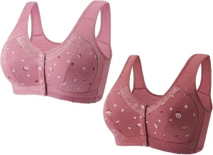 2 Pack Daisy Bras for Older Women Front Snap Close Everyday Bra Plus Size Comfortable No Underwire Sleep T Shirt Bra