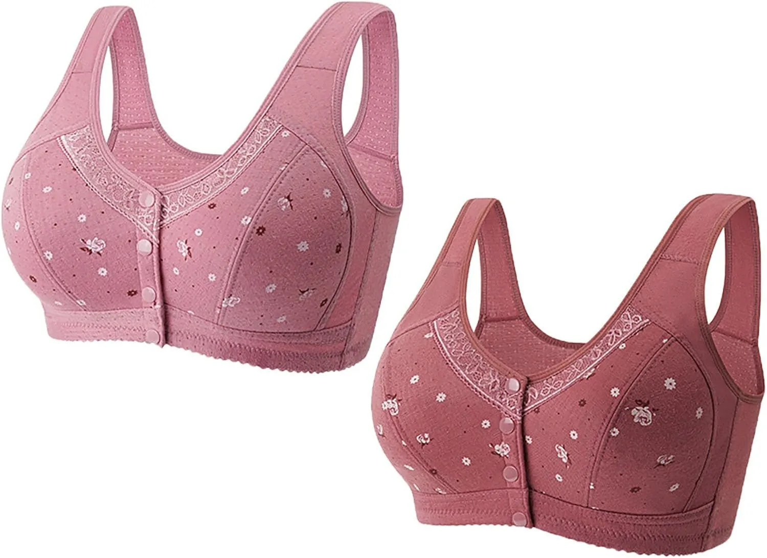 2 Pack Daisy Bras for Older Women Front Snap Close Everyday Bra Plus Size Comfortable No Underwire Sleep T Shirt Bra