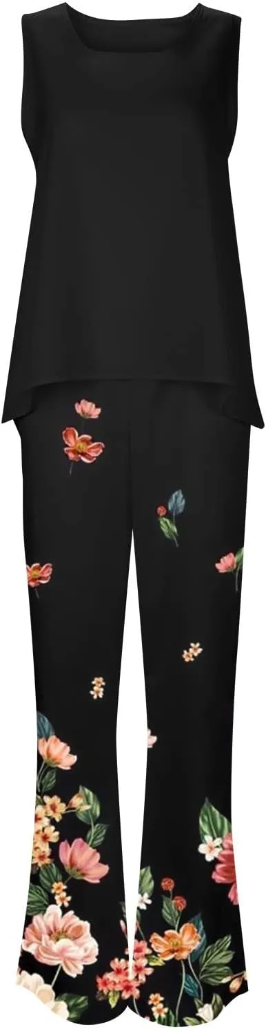 2 Piece Outfits for Women 2024 Summer Fashion Print Boho Sleeveless Tank Tops Loose Wide Leg Pants Trousers Sets