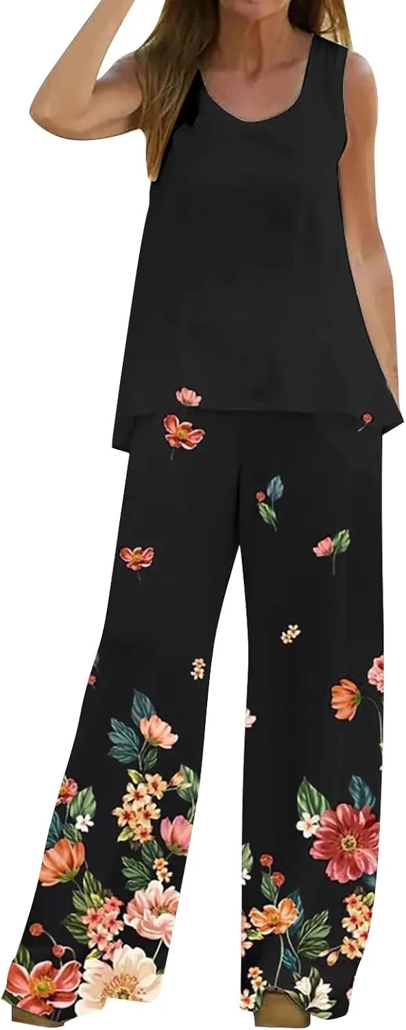 2 Piece Outfits for Women 2024 Summer Fashion Print Boho Sleeveless Tank Tops Loose Wide Leg Pants Trousers Sets