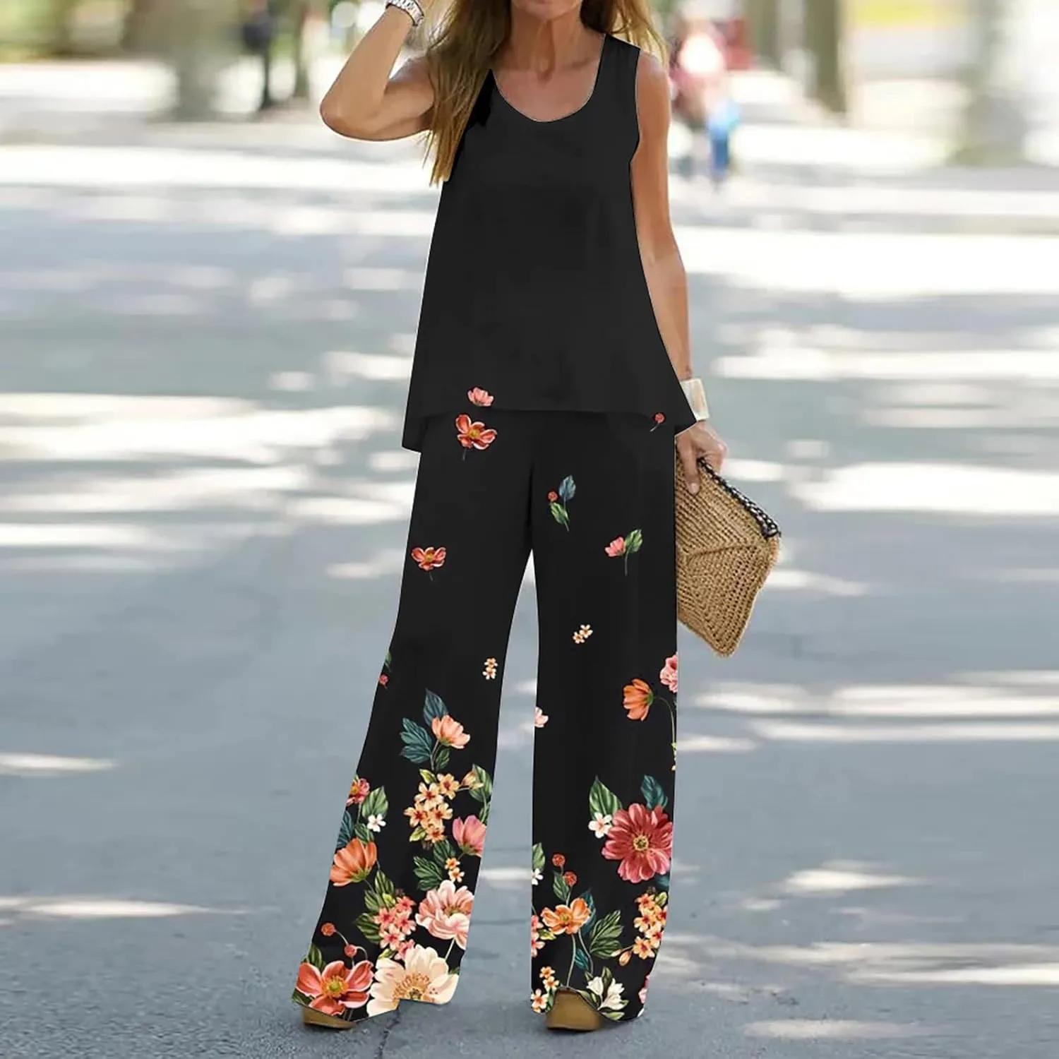 2 Piece Outfits for Women 2024 Summer Fashion Print Boho Sleeveless Tank Tops Loose Wide Leg Pants Trousers Sets
