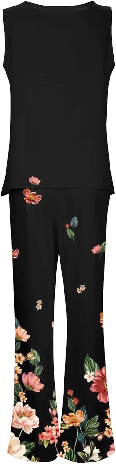 2 Piece Outfits for Women 2024 Summer Fashion Print Boho Sleeveless Tank Tops Loose Wide Leg Pants Trousers Sets