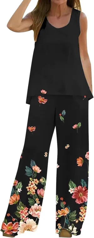 2 Piece Outfits for Women 2024 Summer Fashion Print Boho Sleeveless Tank Tops Loose Wide Leg Pants Trousers Sets