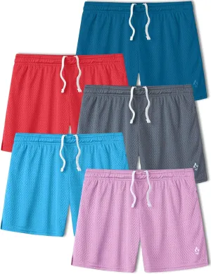5-Pack Women's Athletic Shorts Mesh Basketball, Ladies Active Loose Pull-On Shorts with Zipper Pockets, 5" Inseam