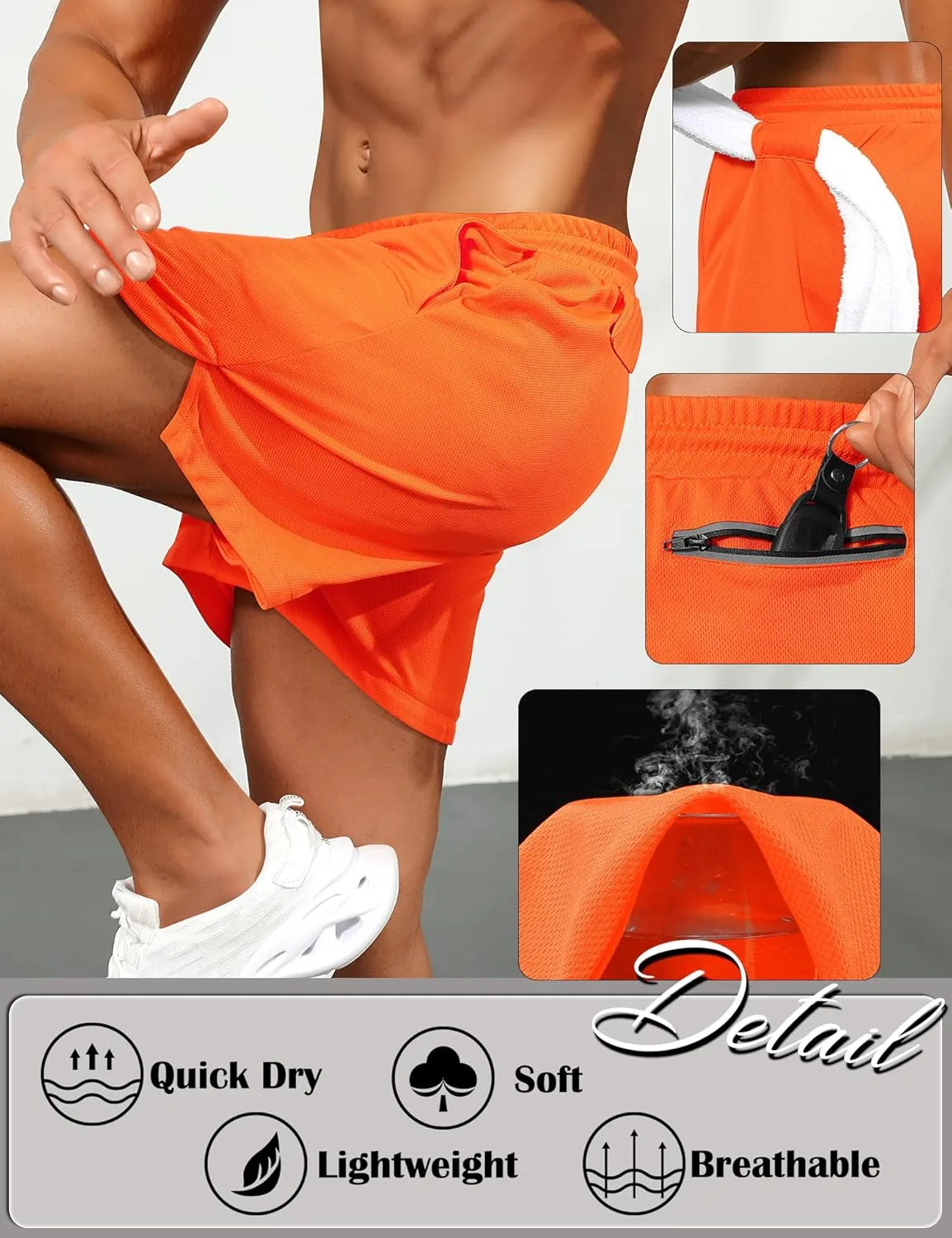 Babioboa Men's Shorts Gym Quick Dry Athletic Workout Sports Lightweight Running Shorts with Zip Pocket & Towel Loop