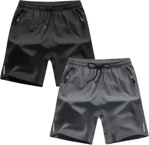 Boys Athletic Shorts Quick Dry Sport Shorts Lightweight Running Shorts with Zipper Pockets (Pack of 2), B/Black&Grey, 9-10T