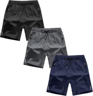 Boys Athletic Shorts Quick Dry Sport Shorts Lightweight Running Shorts with Zipper Pockets (Pack of 3), Z/Black&Grey&Navy, 6-7T=Tag 130