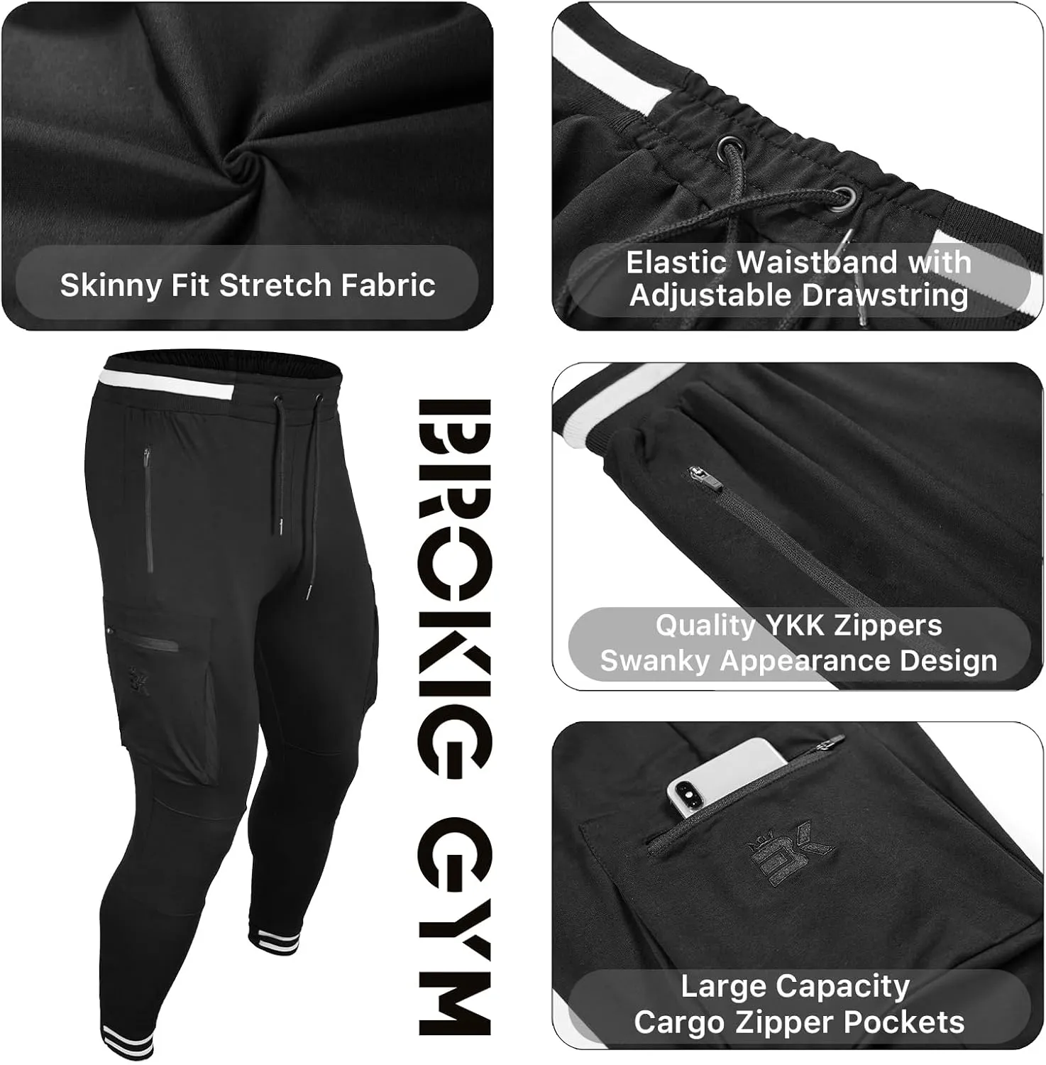 BROKIG Men Large Capacity Gym Joggers Pants with Zipper Pockets,Workout Tapered Casual Athletic Sweatpants Track Pants