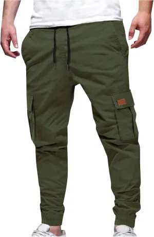 Cargo Pants for Men Straight Fit Casual Sweatpants Mens Drawstring Gym Joggers Pants Elastic Cinch Bottoms Trousers