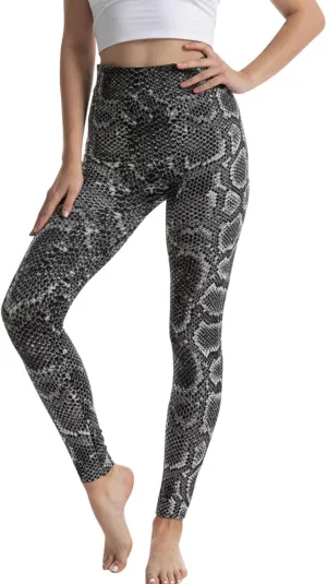 Casual Leggings for Women High Waist Printed Tummy Control Butt Lifting Pants Workout Causal Athletic Tights Compression Elastic Waist Fitted Fitness Funny work pack for Snake Pattern I38-Grey