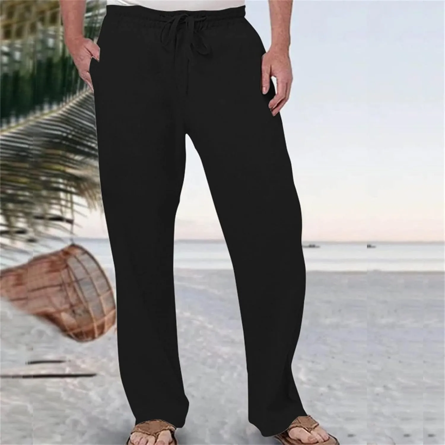 Cotton Linen Pants for Men Drawstring Elastic Waist Athletic Gym Joggers Pants Hiking Hunting Work Trousers