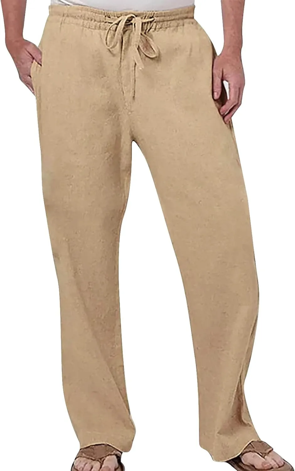 Cotton Linen Pants for Men Drawstring Elastic Waist Athletic Gym Joggers Pants Hiking Hunting Work Trousers