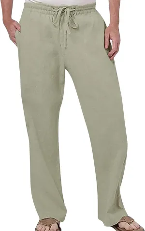Cotton Linen Pants for Men Drawstring Elastic Waist Athletic Gym Joggers Pants Hiking Hunting Work Trousers