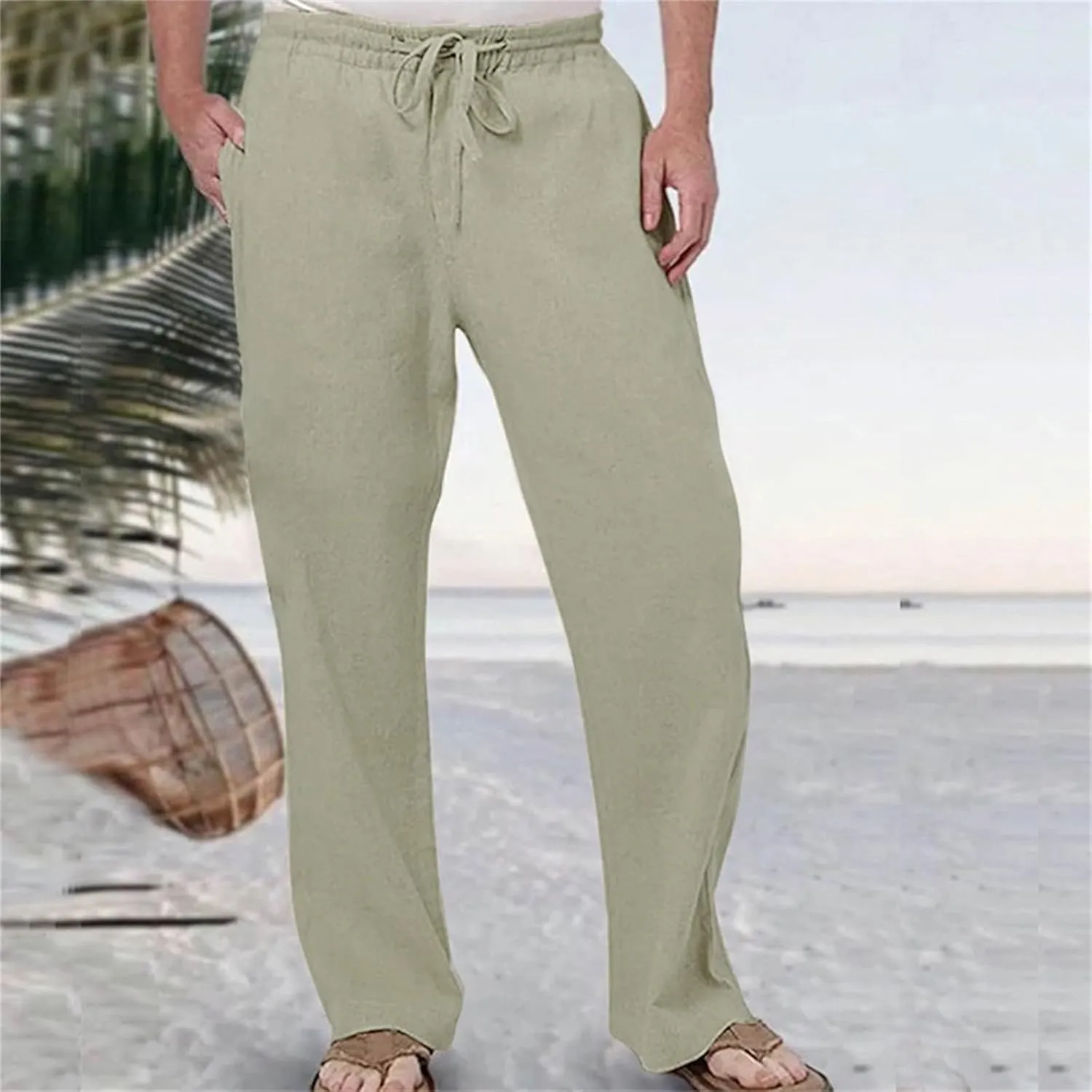 Cotton Linen Pants for Men Drawstring Elastic Waist Athletic Gym Joggers Pants Hiking Hunting Work Trousers
