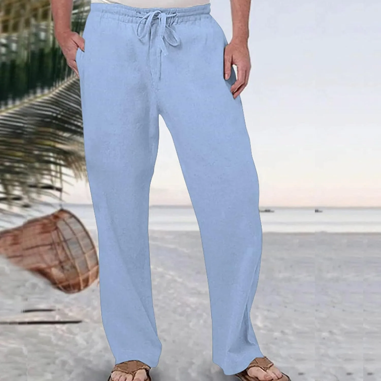 Cotton Linen Pants for Men Drawstring Elastic Waist Athletic Gym Joggers Pants Hiking Hunting Work Trousers