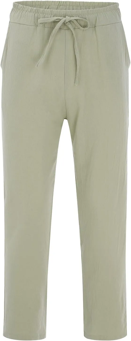 Cotton Linen Pants for Men Drawstring Elastic Waist Athletic Gym Joggers Pants Hiking Hunting Work Trousers