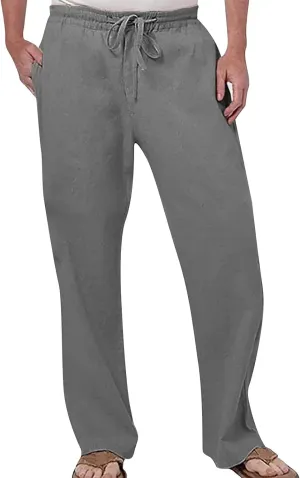 Cotton Linen Pants for Men Drawstring Elastic Waist Athletic Gym Joggers Pants Hiking Hunting Work Trousers