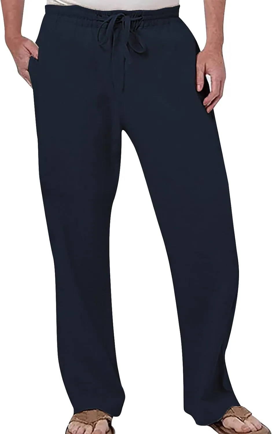 Cotton Linen Pants for Men Drawstring Elastic Waist Athletic Gym Joggers Pants Hiking Hunting Work Trousers