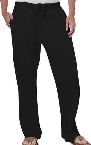 Cotton Linen Pants for Men Drawstring Elastic Waist Athletic Gym Joggers Pants Hiking Hunting Work Trousers