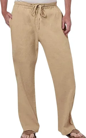 Cotton Linen Pants for Men Drawstring Elastic Waist Athletic Gym Joggers Pants Hiking Hunting Work Trousers