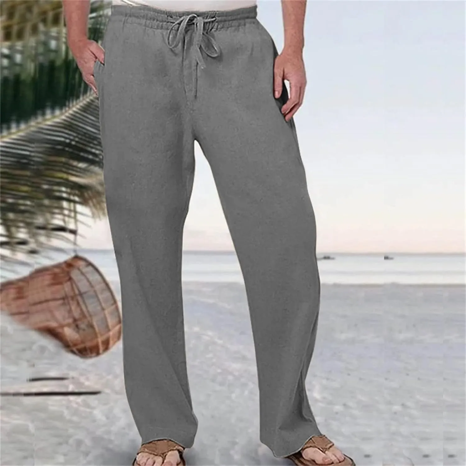 Cotton Linen Pants for Men Drawstring Elastic Waist Athletic Gym Joggers Pants Hiking Hunting Work Trousers