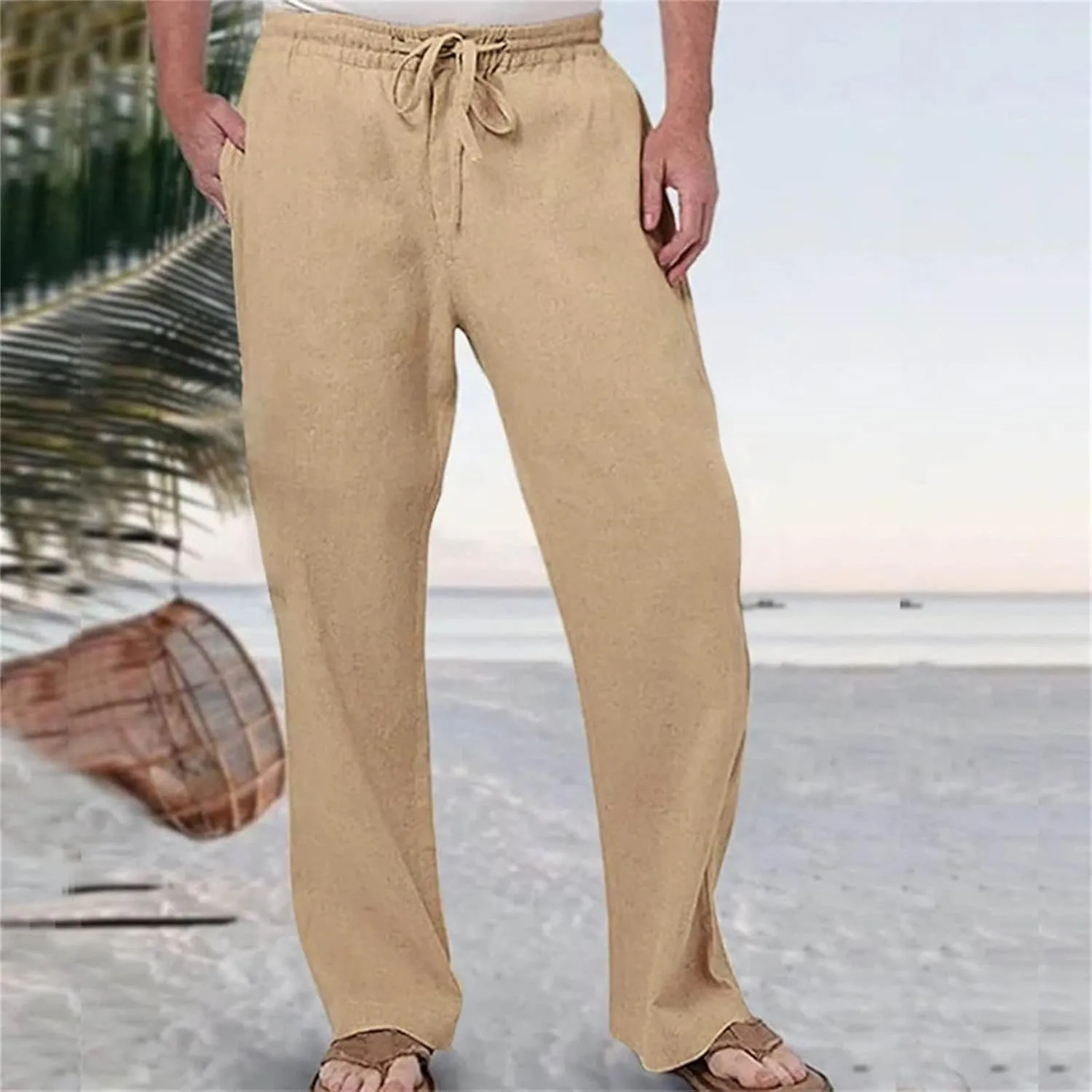 Cotton Linen Pants for Men Drawstring Elastic Waist Athletic Gym Joggers Pants Hiking Hunting Work Trousers