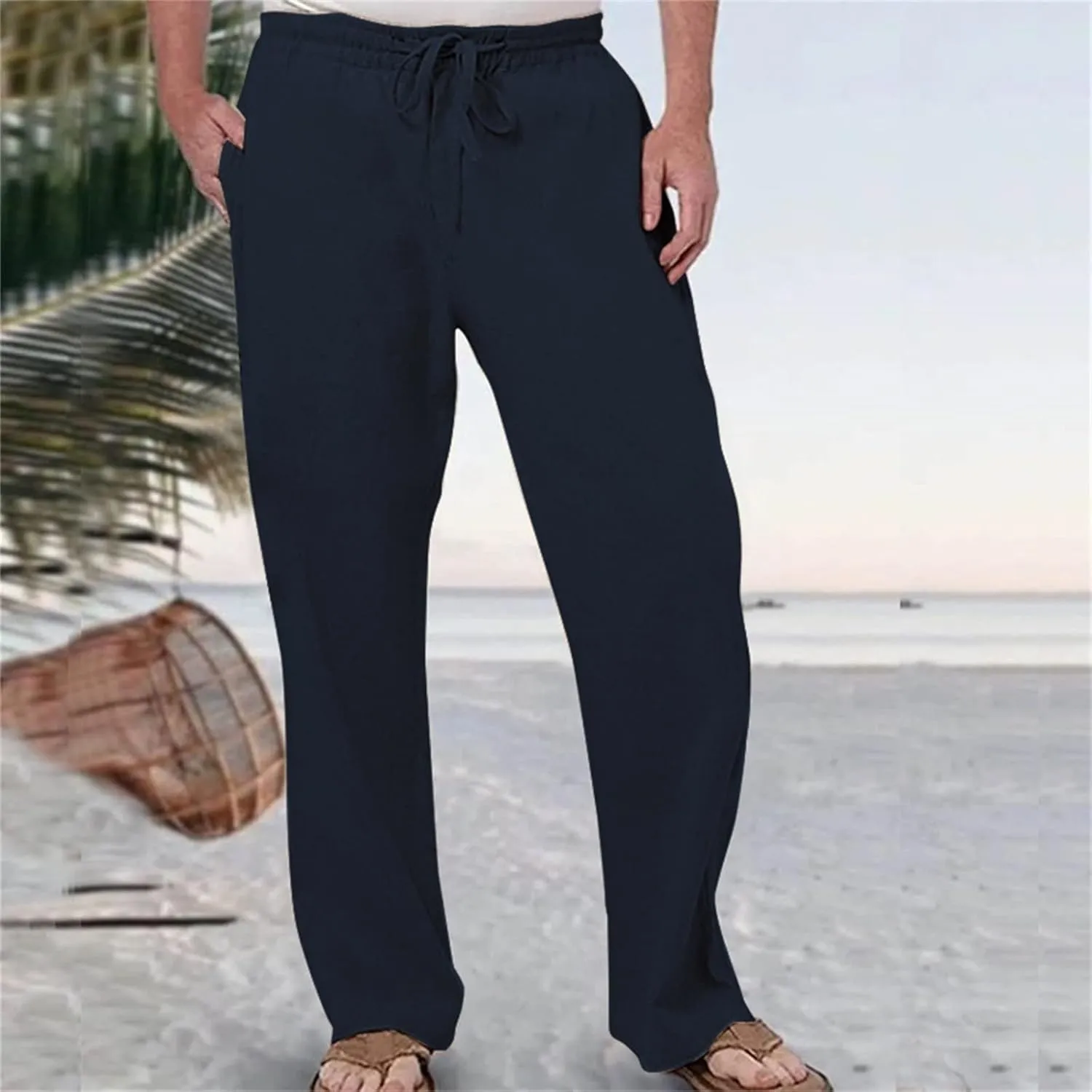 Cotton Linen Pants for Men Drawstring Elastic Waist Athletic Gym Joggers Pants Hiking Hunting Work Trousers