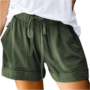 Cotton Shorts for Women High Waisted Outdoor Shorts Knee Length Trendy Drawstring Hiking Shorts with Pockets