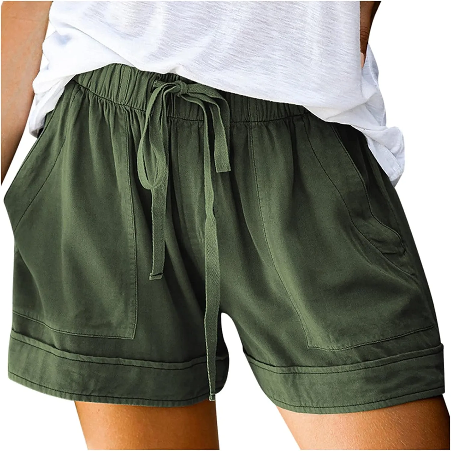 Cotton Shorts for Women High Waisted Outdoor Shorts Knee Length Trendy Drawstring Hiking Shorts with Pockets