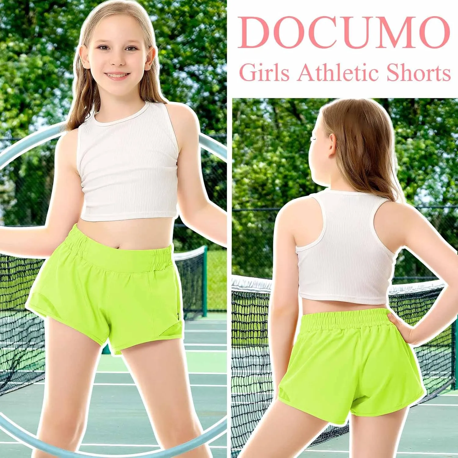 DOCUMO Girls Athletic Shorts with Liner Lightweight Running Shorts for Teen Girls Kids Quick Dry Sports Active Short