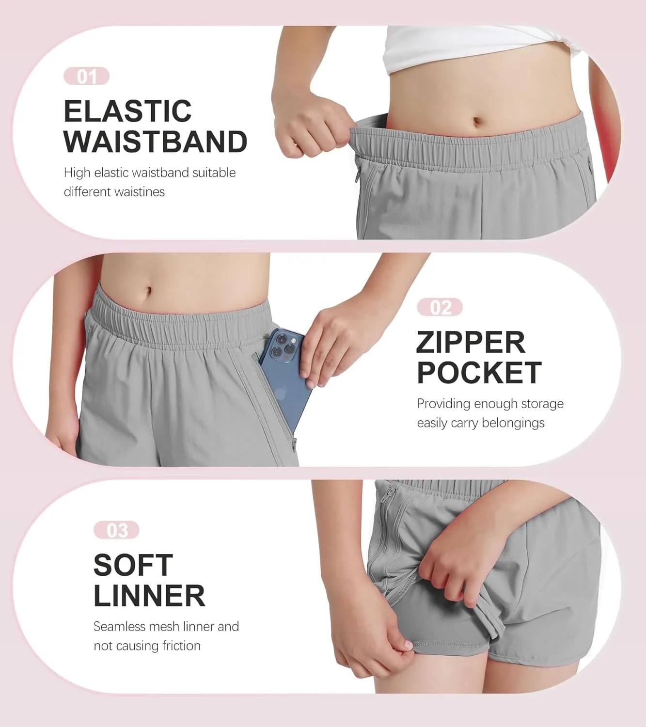 Girls Athletic Shorts with Zip Pocket, Lightweight Running Shorts High Waisted Sports Active Short for Teen Girls Kids