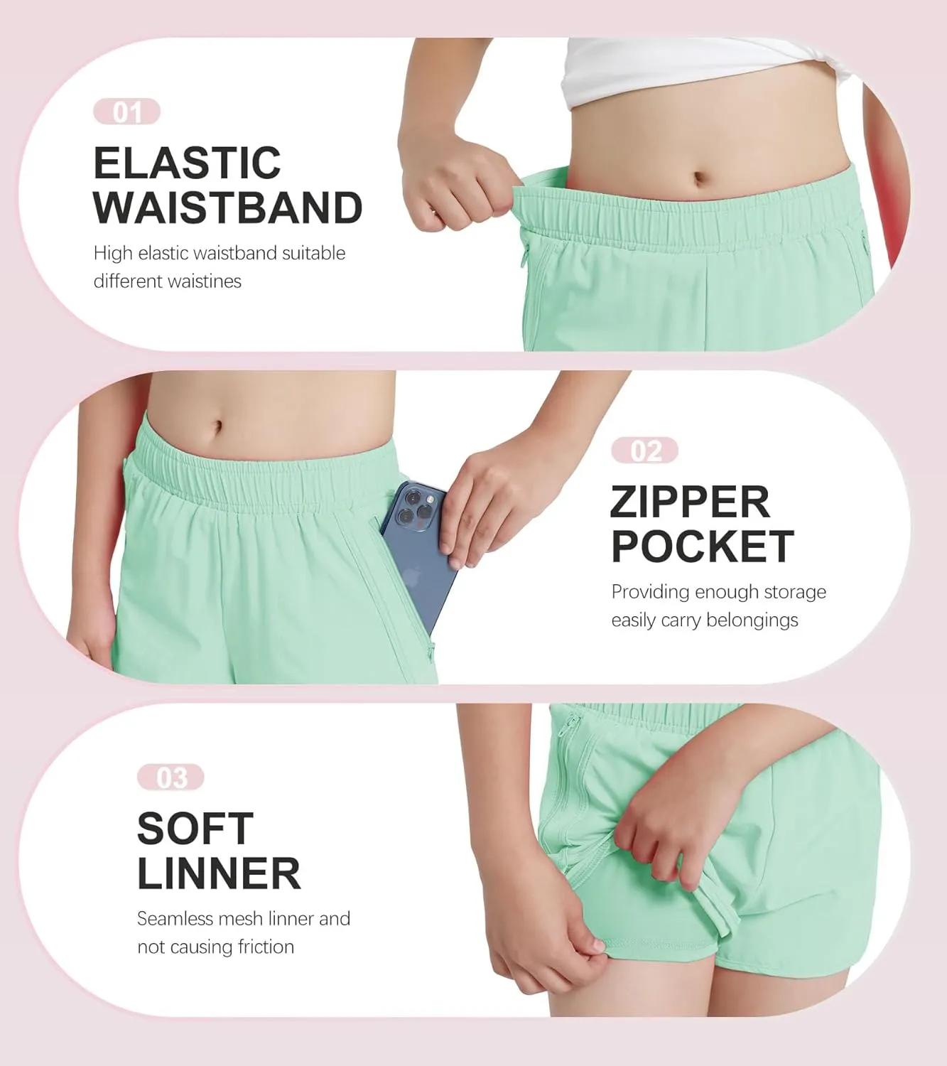 Girls Athletic Shorts with Zip Pocket, Lightweight Running Shorts High Waisted Sports Active Short for Teen Girls Kids