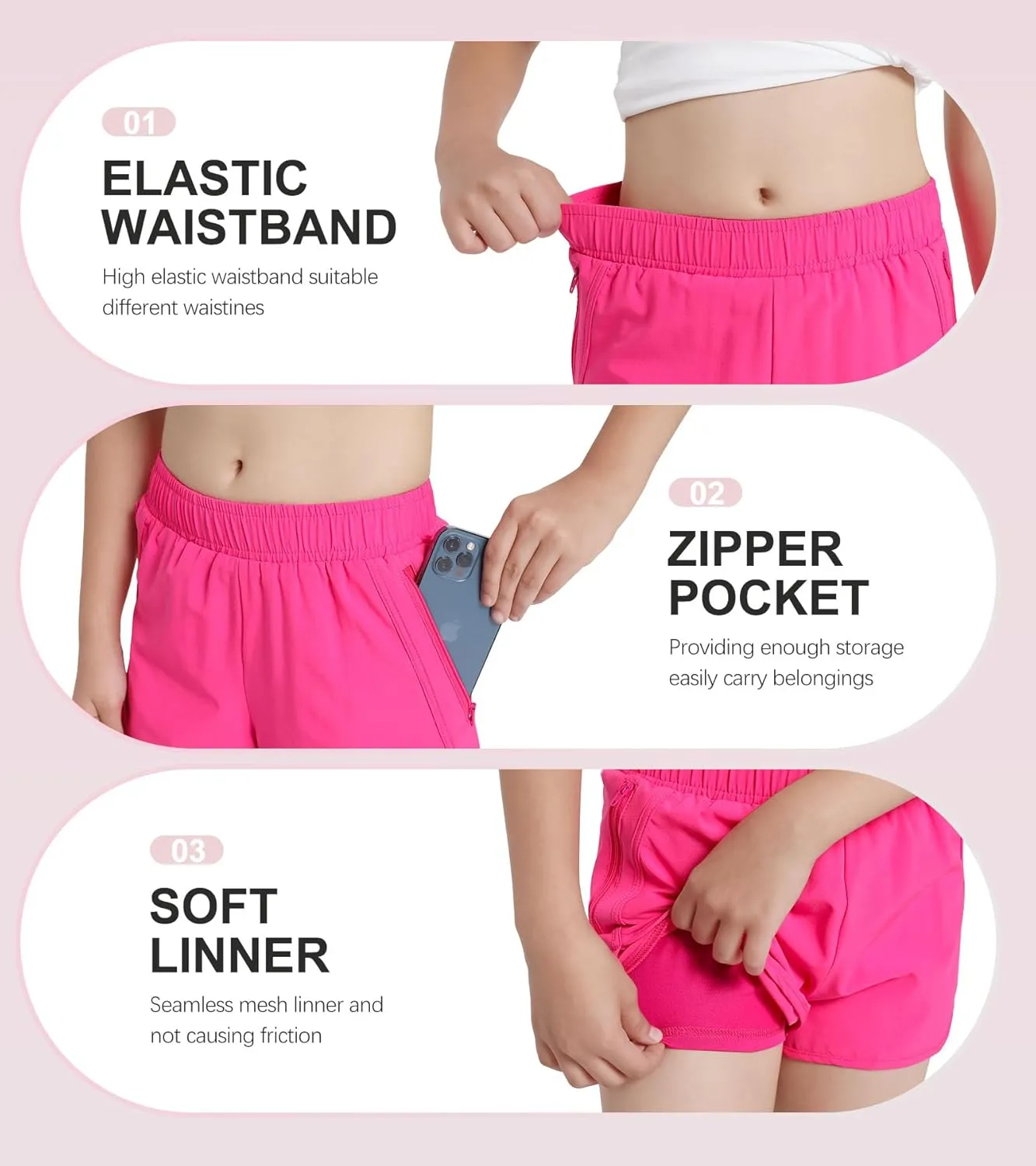 Girls Athletic Shorts with Zip Pocket, Lightweight Running Shorts High Waisted Sports Active Short for Teen Girls Kids