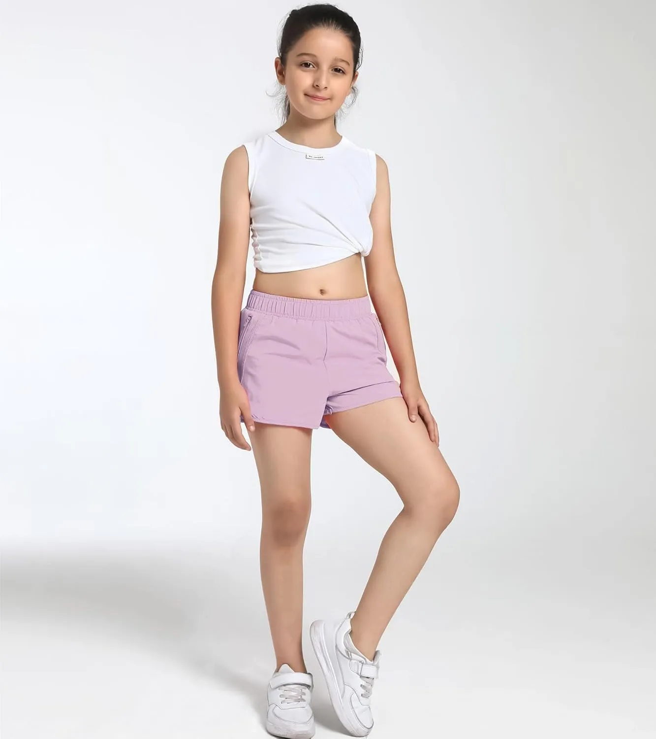 Girls Athletic Shorts with Zip Pocket, Lightweight Running Shorts High Waisted Sports Active Short for Teen Girls Kids