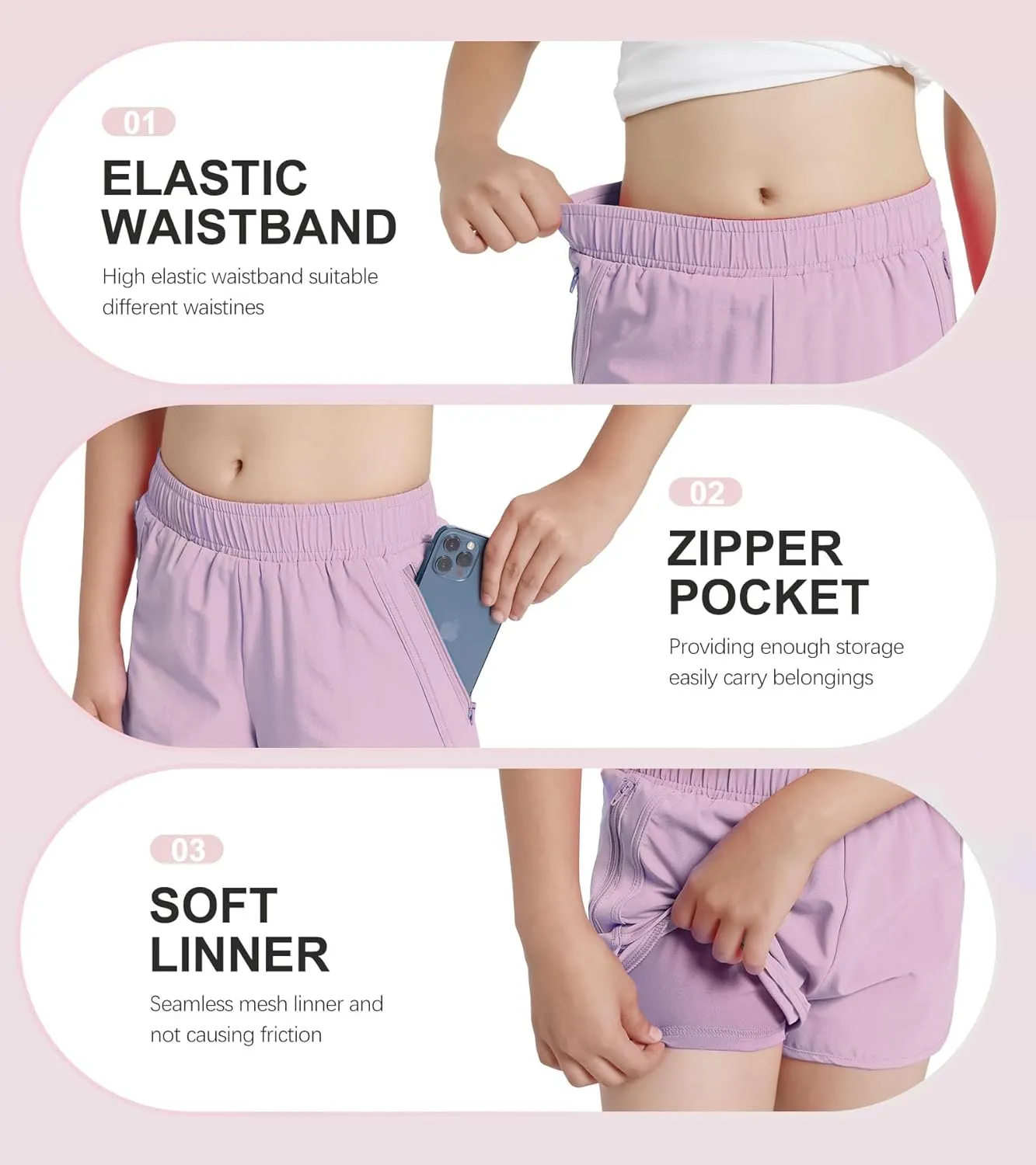 Girls Athletic Shorts with Zip Pocket, Lightweight Running Shorts High Waisted Sports Active Short for Teen Girls Kids