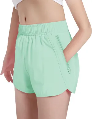 Girls Athletic Shorts with Zip Pocket, Lightweight Running Shorts High Waisted Sports Active Short for Teen Girls Kids