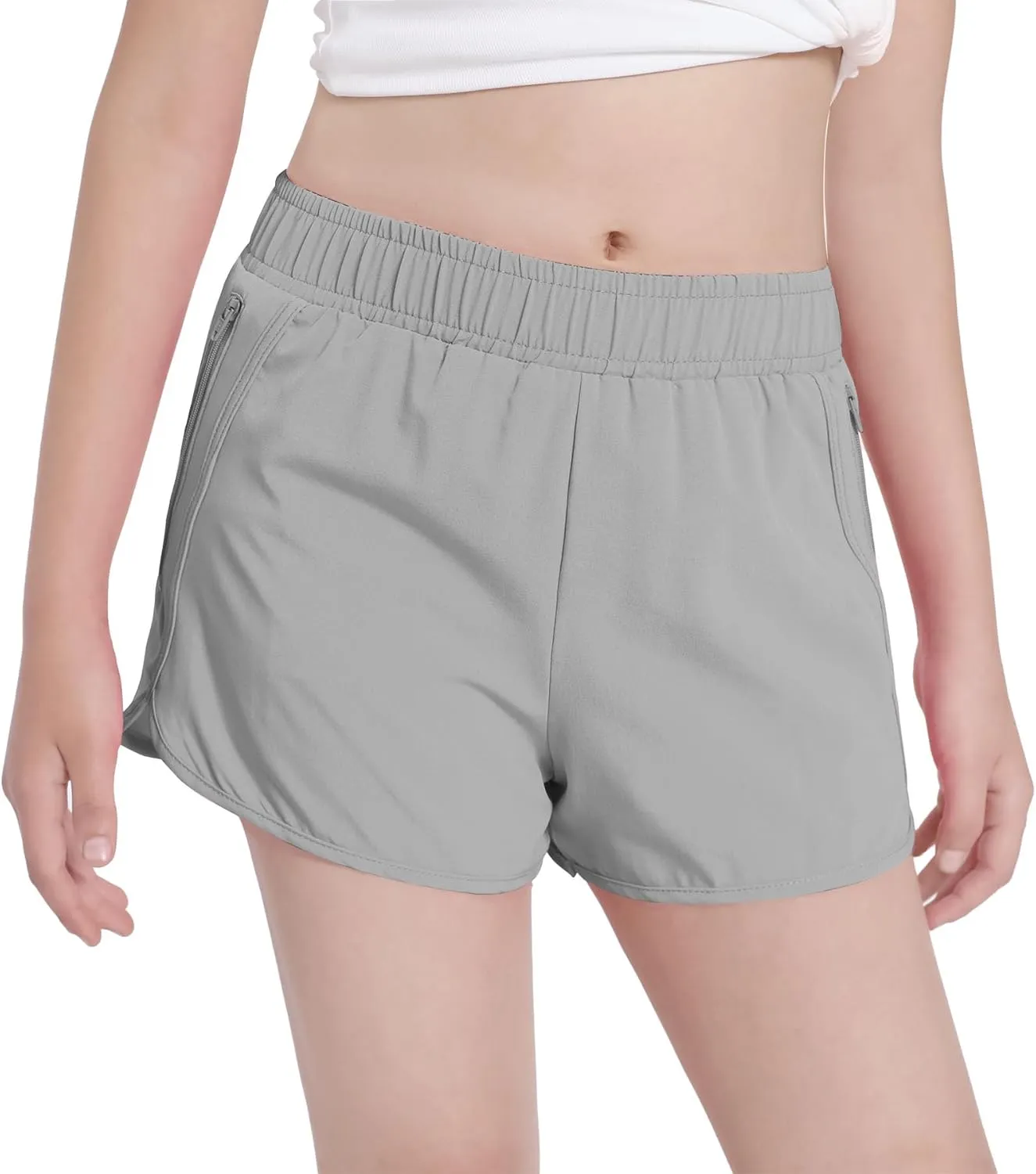 Girls Athletic Shorts with Zip Pocket, Lightweight Running Shorts High Waisted Sports Active Short for Teen Girls Kids