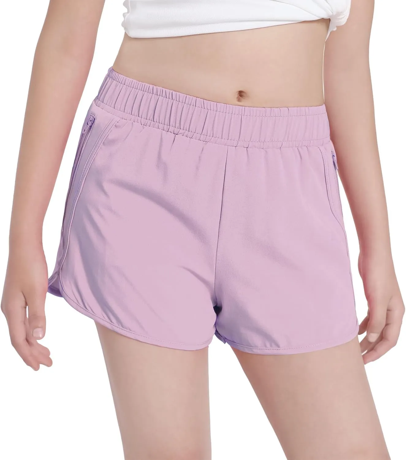 Girls Athletic Shorts with Zip Pocket, Lightweight Running Shorts High Waisted Sports Active Short for Teen Girls Kids