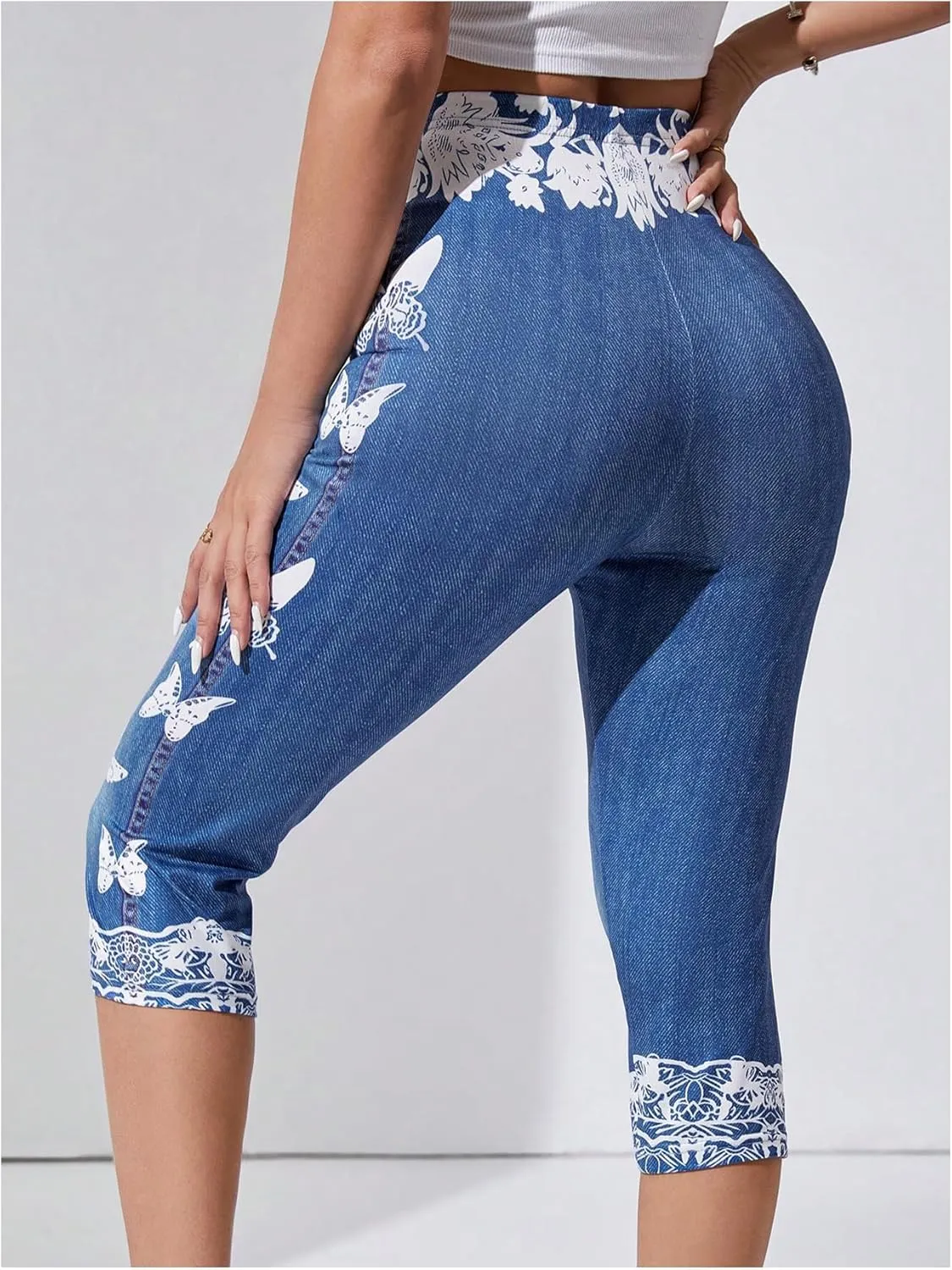 GORGLITTER Women's Butterfly Jeans Capri Denim Pants High Waisted Bermuda Yoga Leggings
