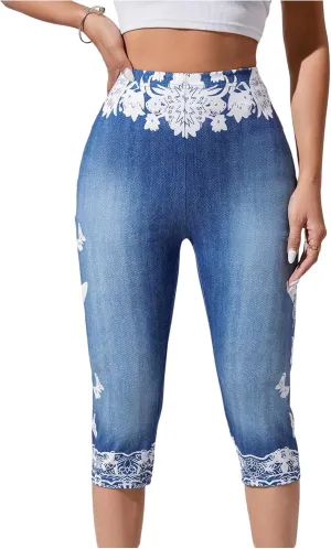 GORGLITTER Women's Butterfly Jeans Capri Denim Pants High Waisted Bermuda Yoga Leggings