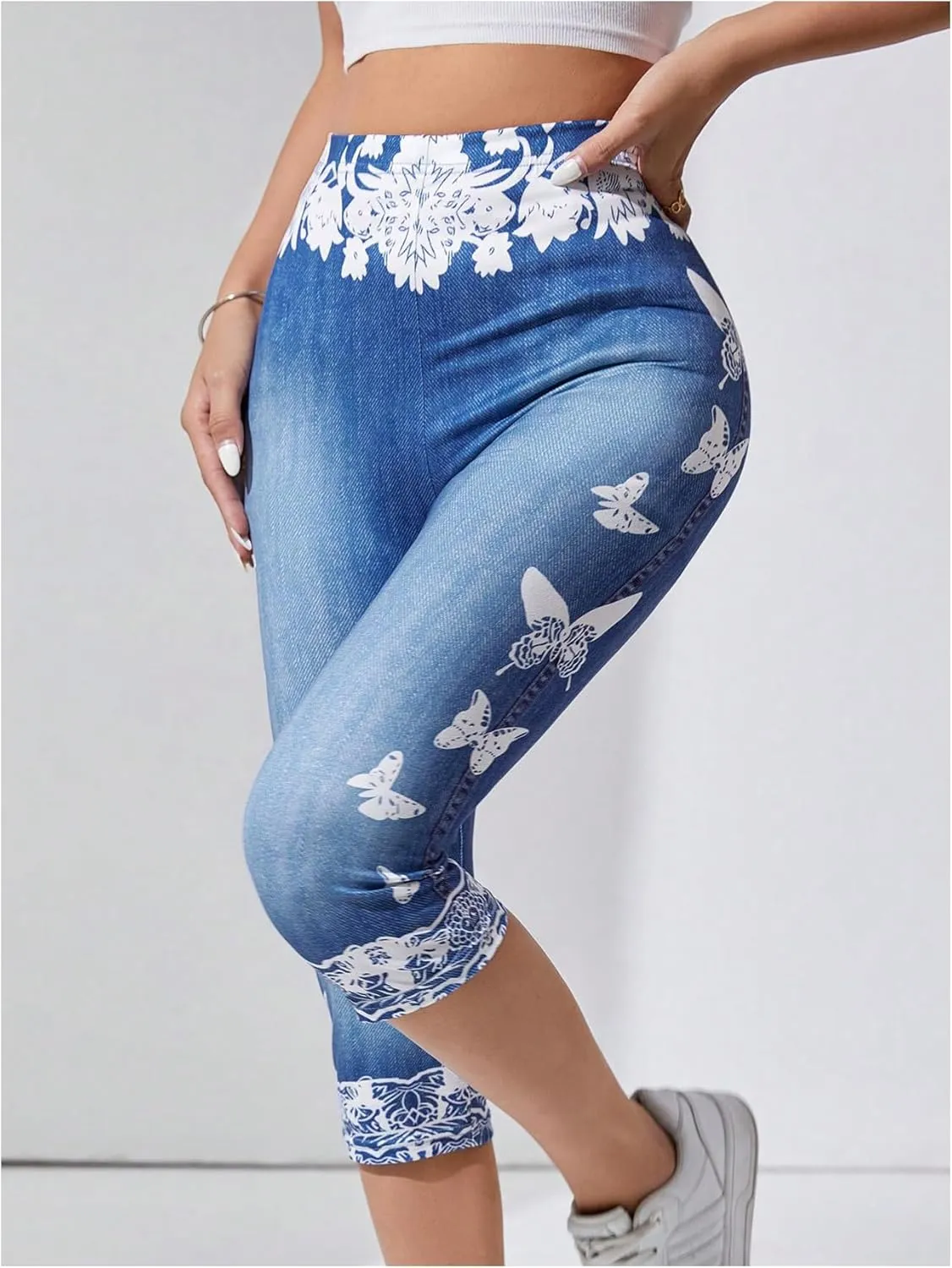 GORGLITTER Women's Butterfly Jeans Capri Denim Pants High Waisted Bermuda Yoga Leggings