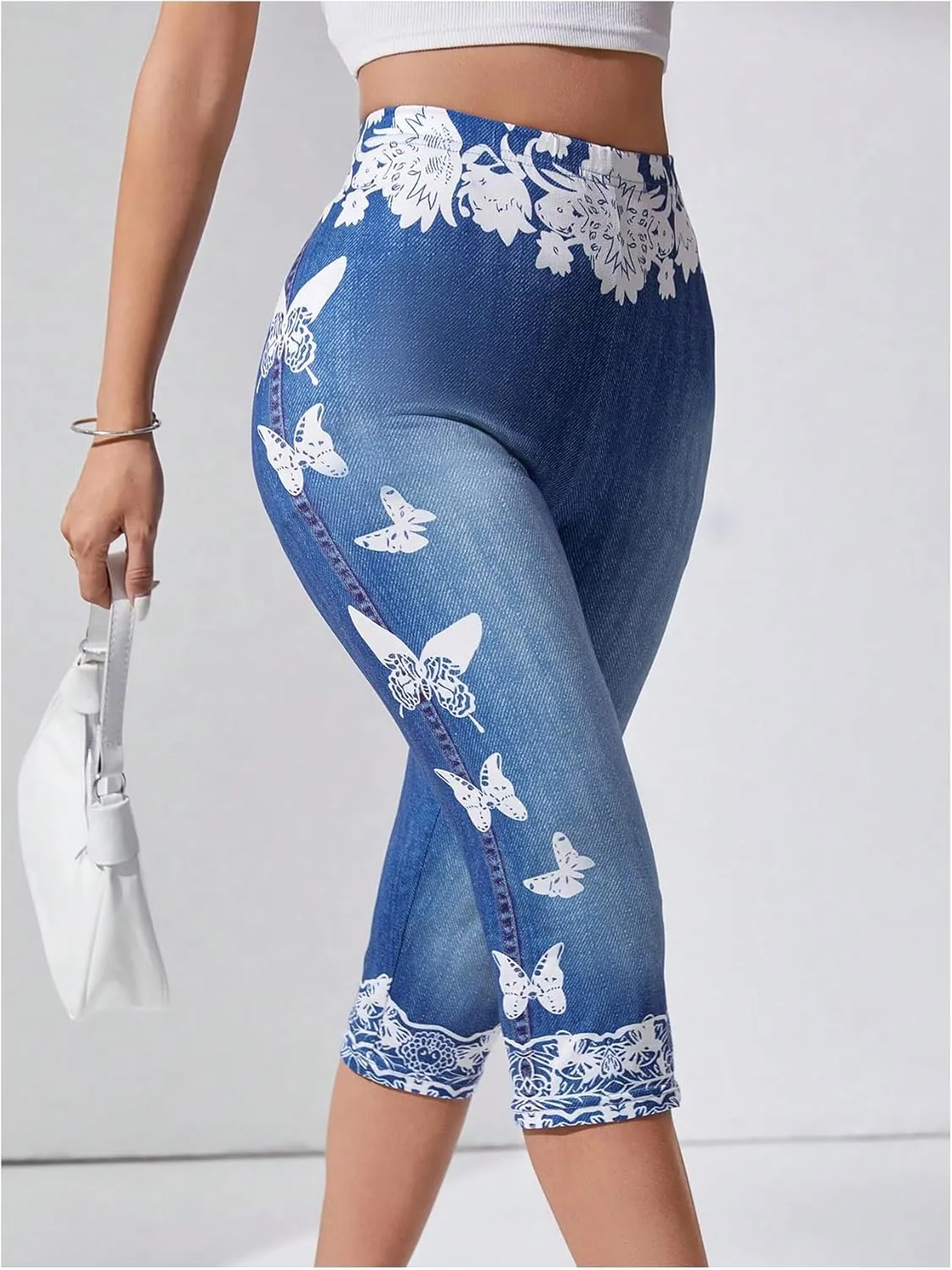 GORGLITTER Women's Butterfly Jeans Capri Denim Pants High Waisted Bermuda Yoga Leggings