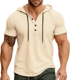 Hooded Button Up Shirt Men Casual Short Sleeve Henley Tshirts Slim Muscle Tops Lightweight Breathable Comfy Clothes