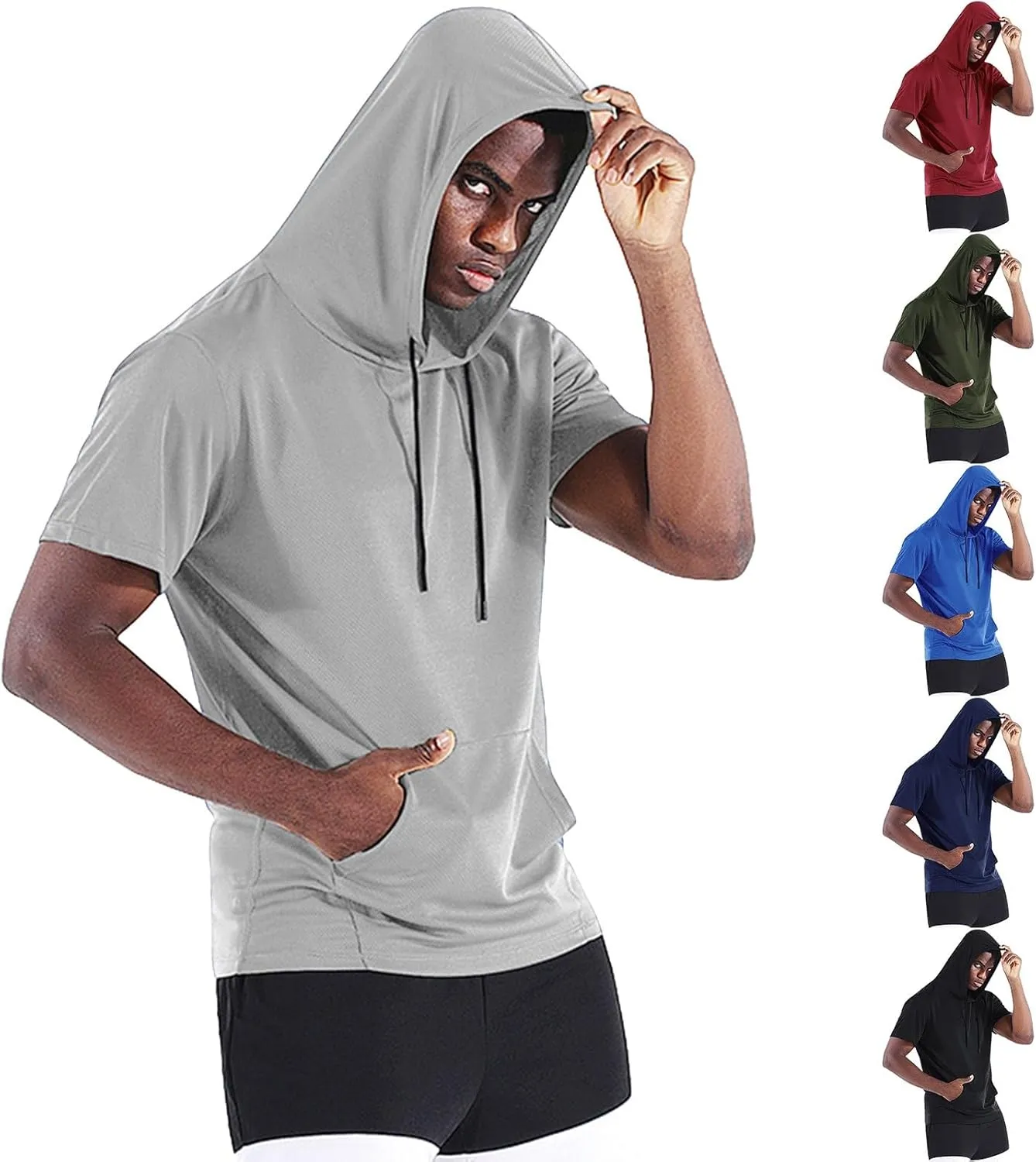 Hooded T Shirts for Men Summer Casual Short Sleeve Tee with Pocket Holiday Beach Crewneck Loose Fit Big and Tall Tops