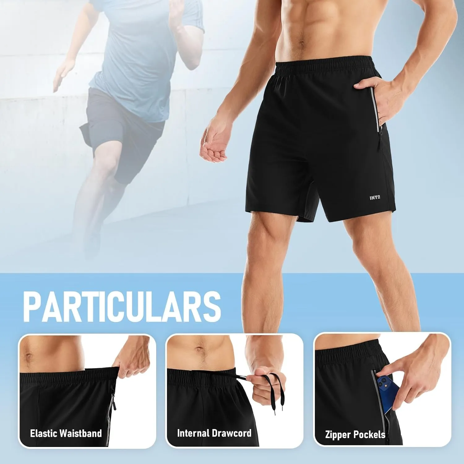 INYO Mens Athletic Short Quick Dry Lightweight Running Shorts Zipper Pockets Breathable Tennis Shorts