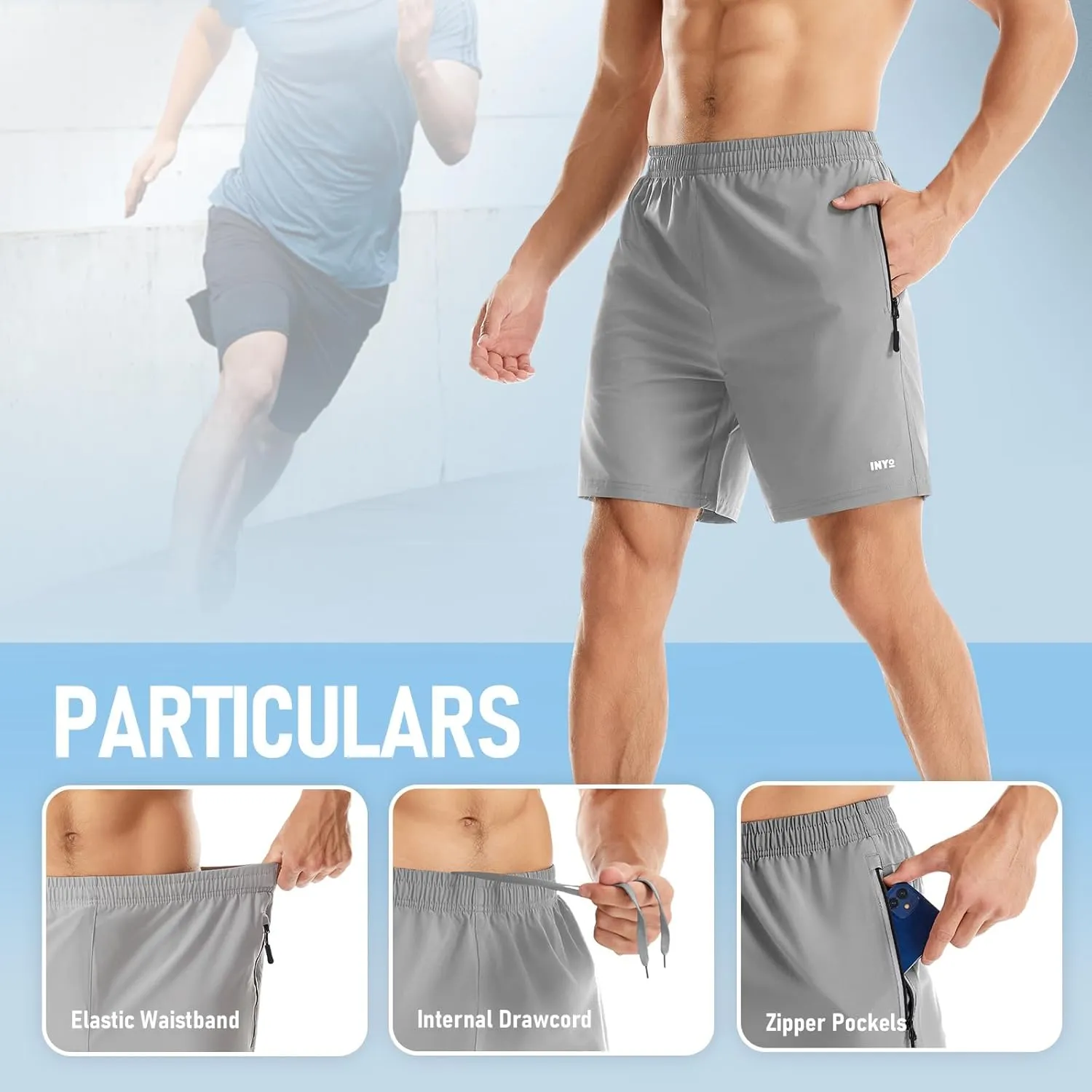 INYO Mens Athletic Short Quick Dry Lightweight Running Shorts Zipper Pockets Breathable Tennis Shorts