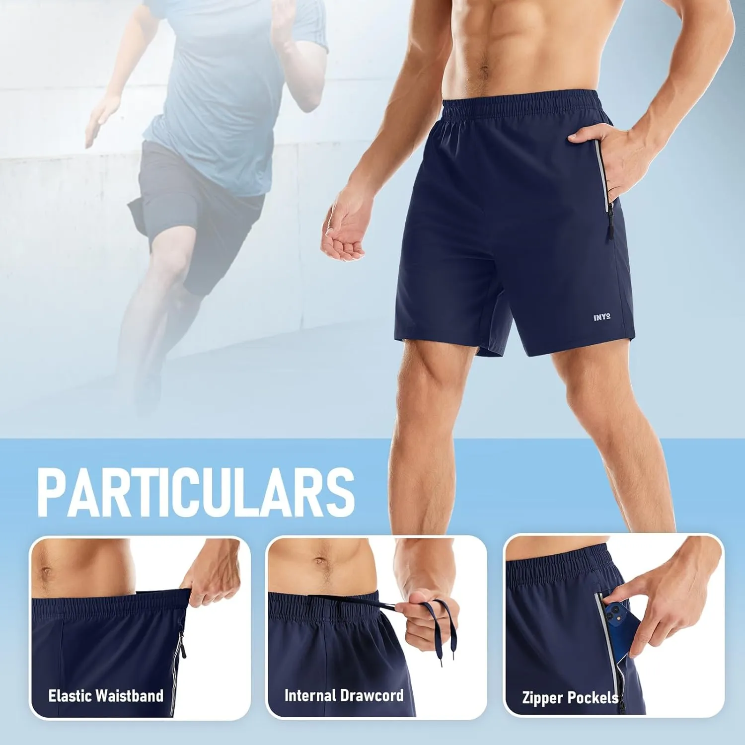 INYO Mens Athletic Short Quick Dry Lightweight Running Shorts Zipper Pockets Breathable Tennis Shorts