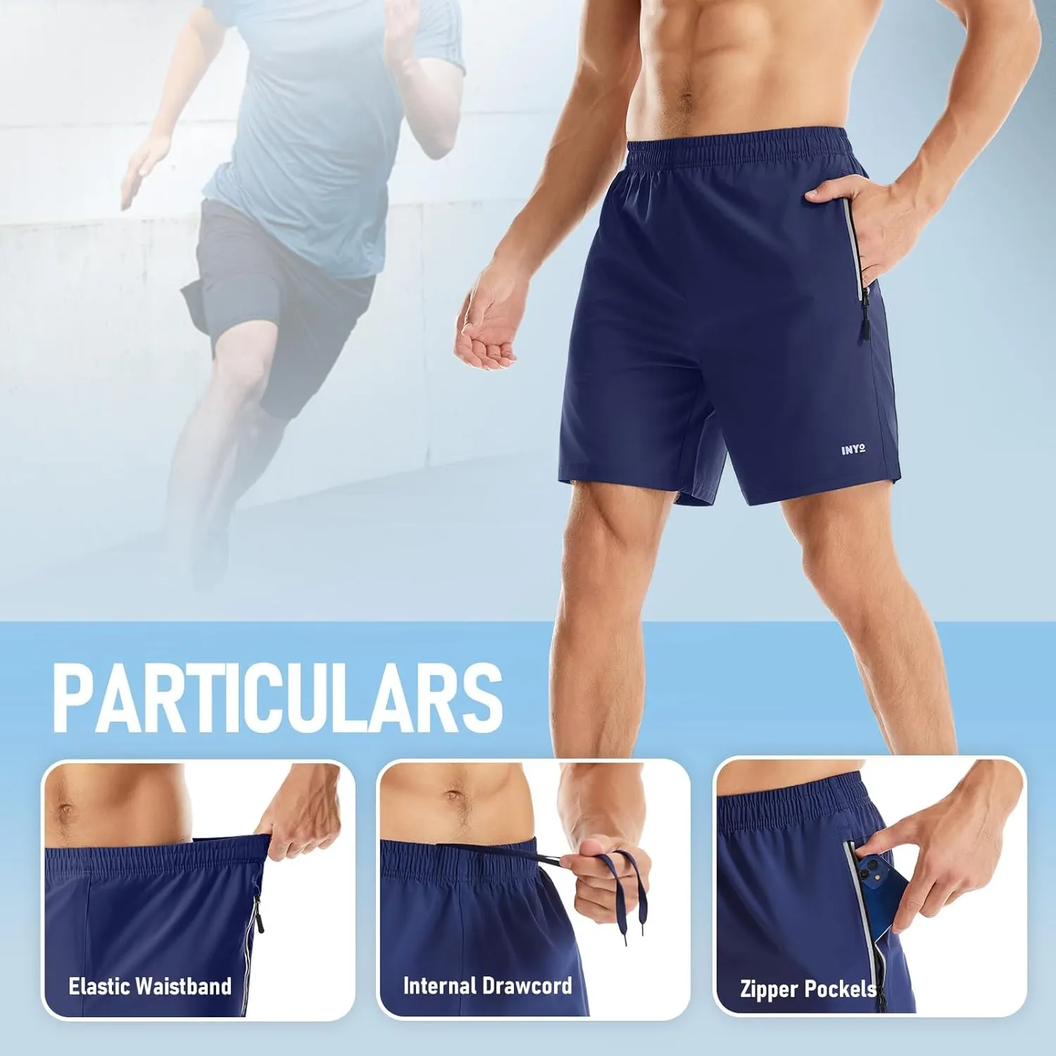 INYO Mens Athletic Short Quick Dry Lightweight Running Shorts Zipper Pockets Breathable Tennis Shorts