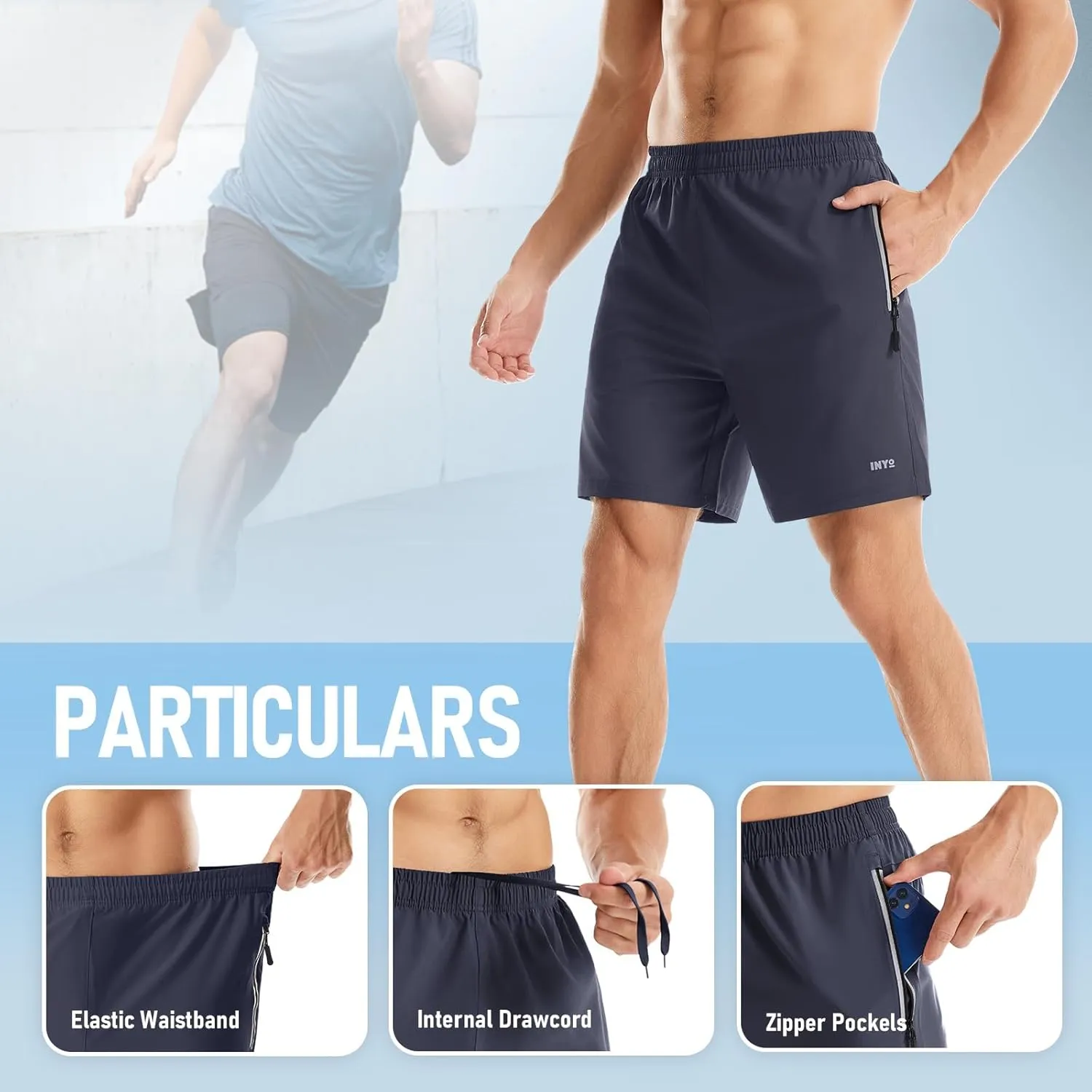 INYO Mens Athletic Short Quick Dry Lightweight Running Shorts Zipper Pockets Breathable Tennis Shorts